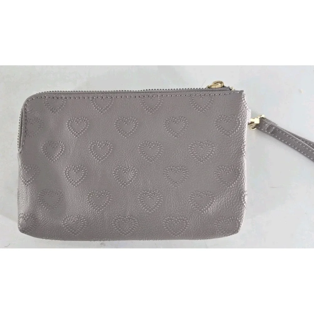 Betsey Johnson Double Zip‎ Pouch Wristlet - Gray With Embossed Hearts